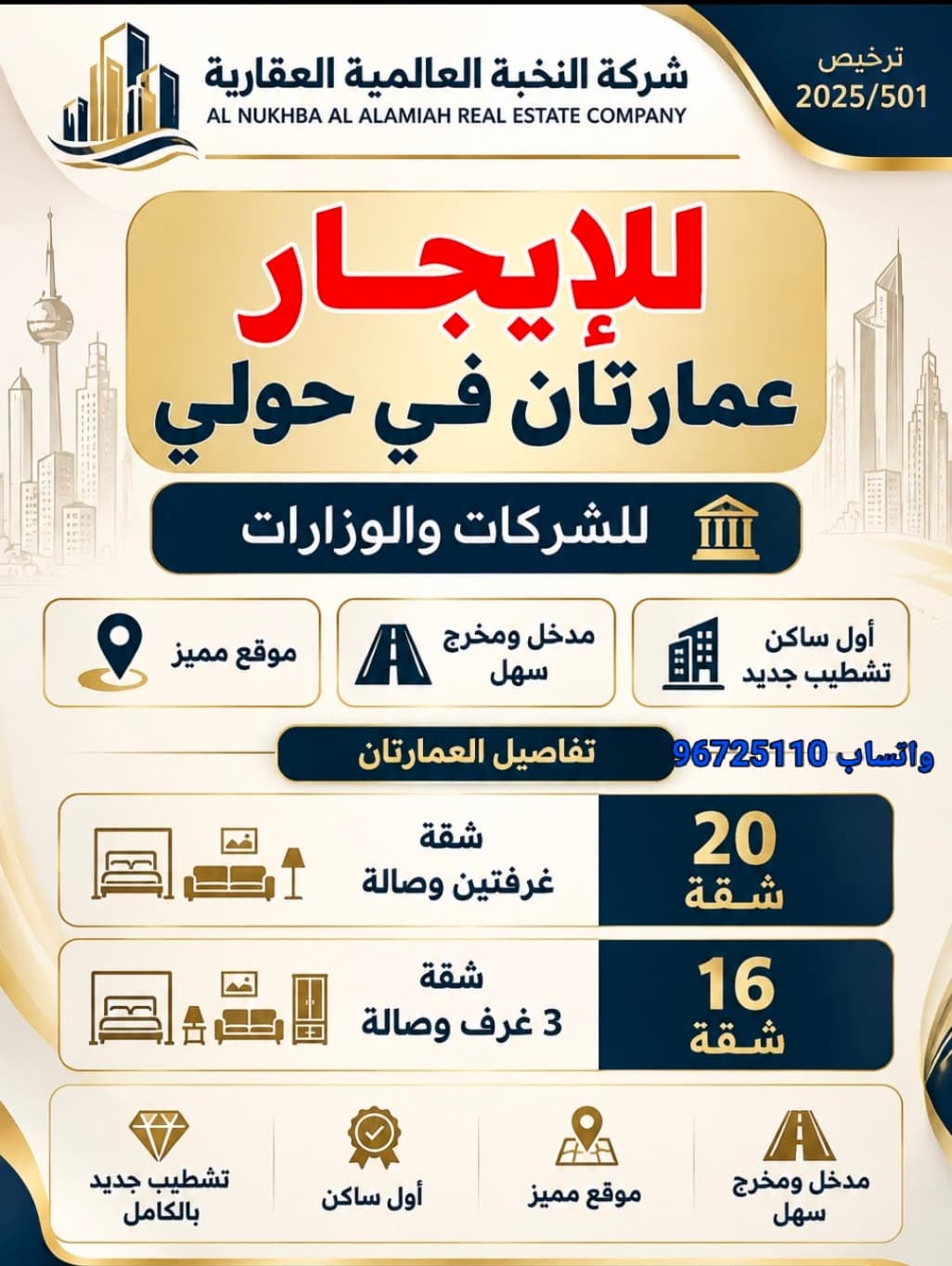 للايجار عمارتان في حولي للشركات والوزارات اول ساكن تشطيب سوبر ديلوكس عمارة تتكون من 20 شقه غرفتين وصاله الايجار 360 للشقه  وعمارة تتكون من  16 شقه 3 غرف وصاله الايجار 410 للشقه للاستفسار 96725110