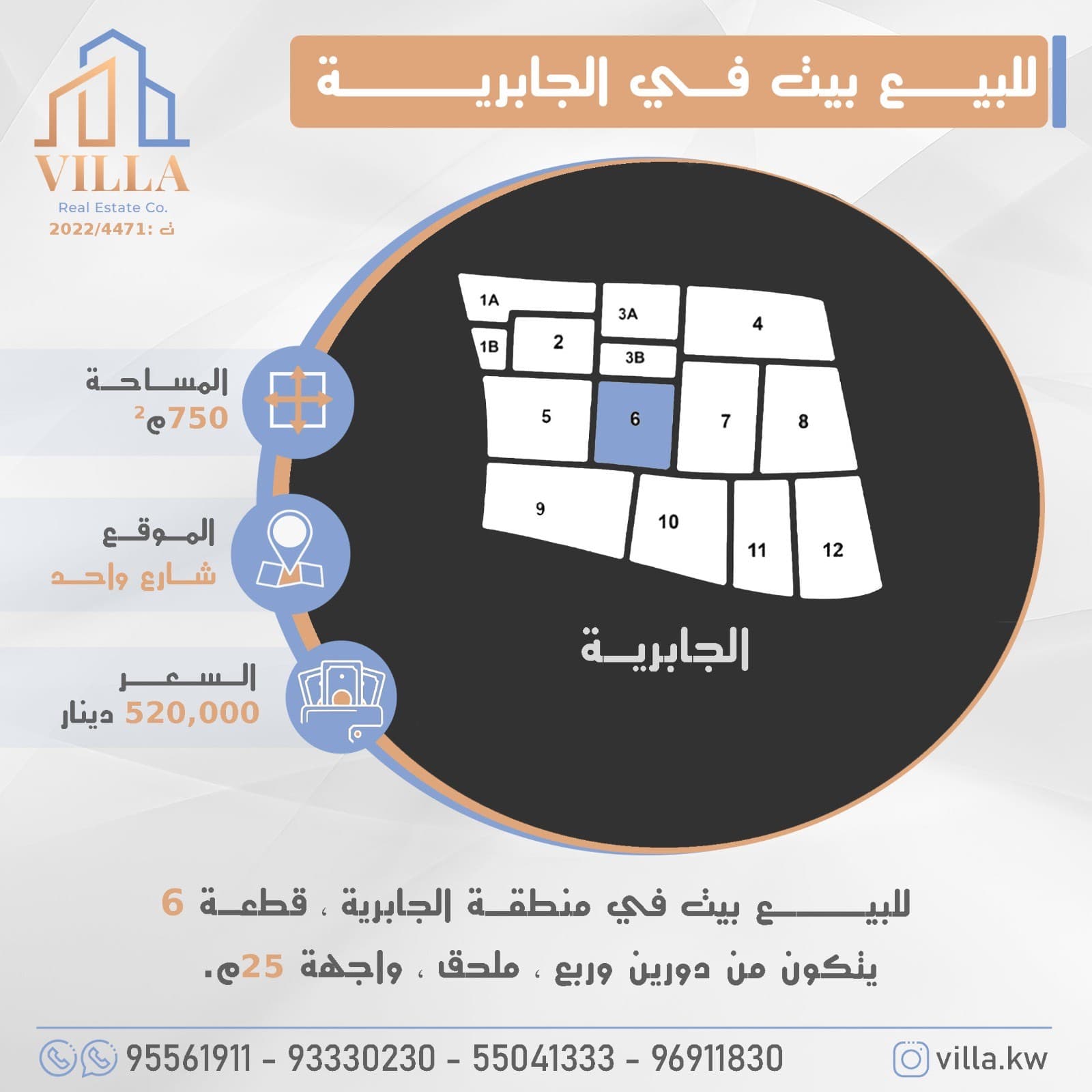للبيع بيت في منطقة #الجابرية ، قطعة 6 ، المساحة 750م ، الموقع شارع واحد ، يتكون من دورين وربع ، ملحق ، واجهة 25م. 

السعر 520,000 د.ك

للاستفسار: 
نقال1: 93330230
نقال2: 95561911
نقال3: 55041333
نقال4: 96911830