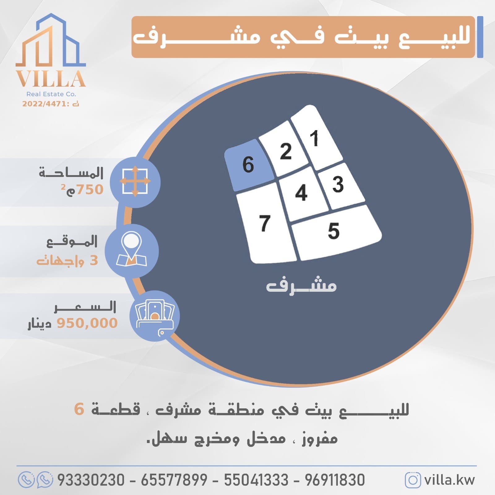 للبيع بيت في منطقة #مشرف ، قطعة 6 ، المساحة 750م ، الموقع 3 واجهات ، مفروز ، مدخل ومخرج سهل. 

السعر 950,000 د.ك

للاستفسار: 
نقال1: 93330230
نقال2: 65577899
نقال3: 55041333
نقال4: 96911830