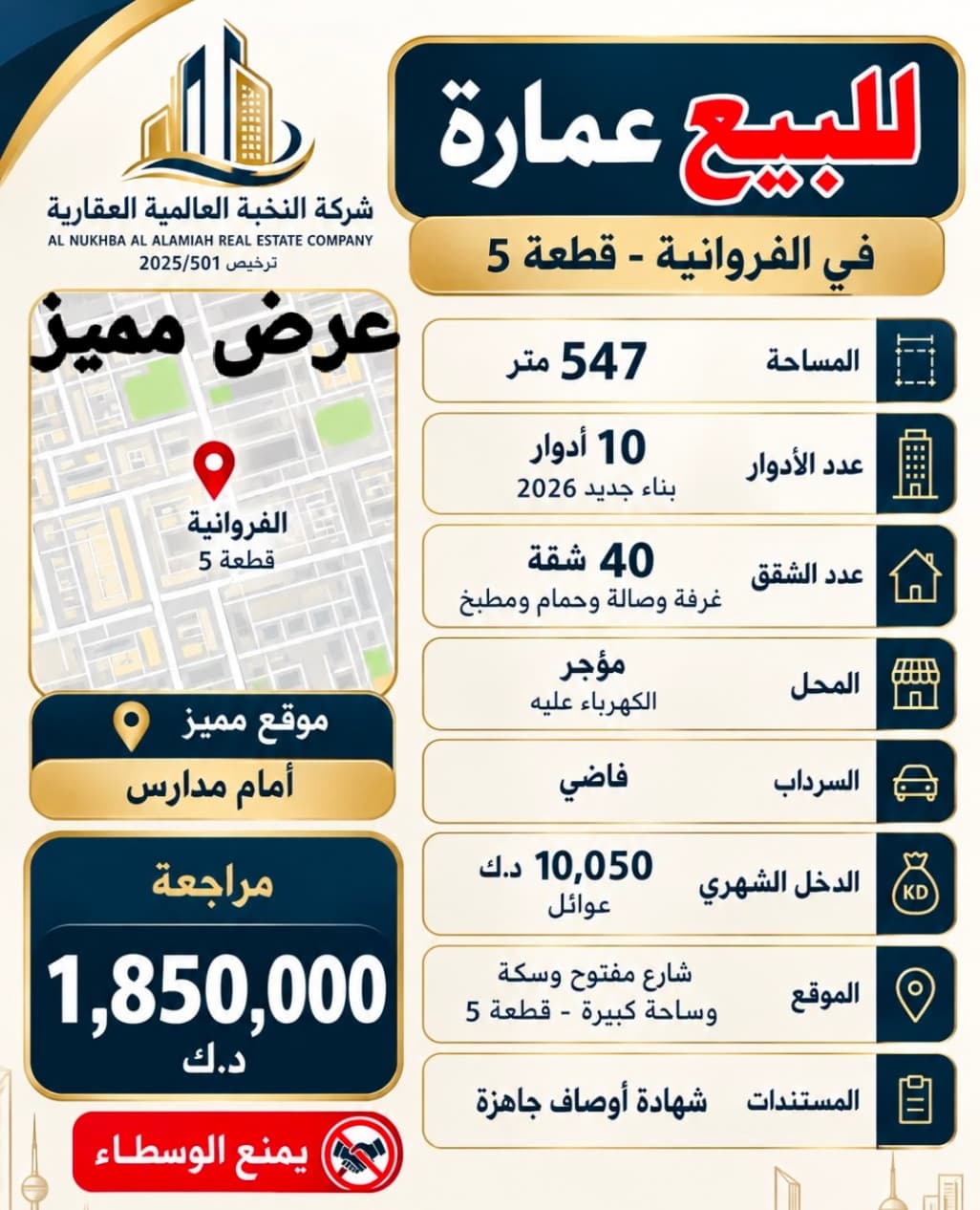 للبيع عمارة في الفروانية قطعه 5 مدخل ومخرج سهل موقع مميز امام المدارس المساحه 547 متر الموقع شارع سكه وساحه كبيره المواصفات عدد الادوار  10 ادوار عدد الشقق 40 شقه كل شقه غرفه وصاله ومطبخ وحمام ومحل وسرداب السرداب فاضي الدخل الشهري 10،050 دينار السعر مراجعه مليون 850 الف يمنع الوسطاء للاستفسار واتساب 96725110