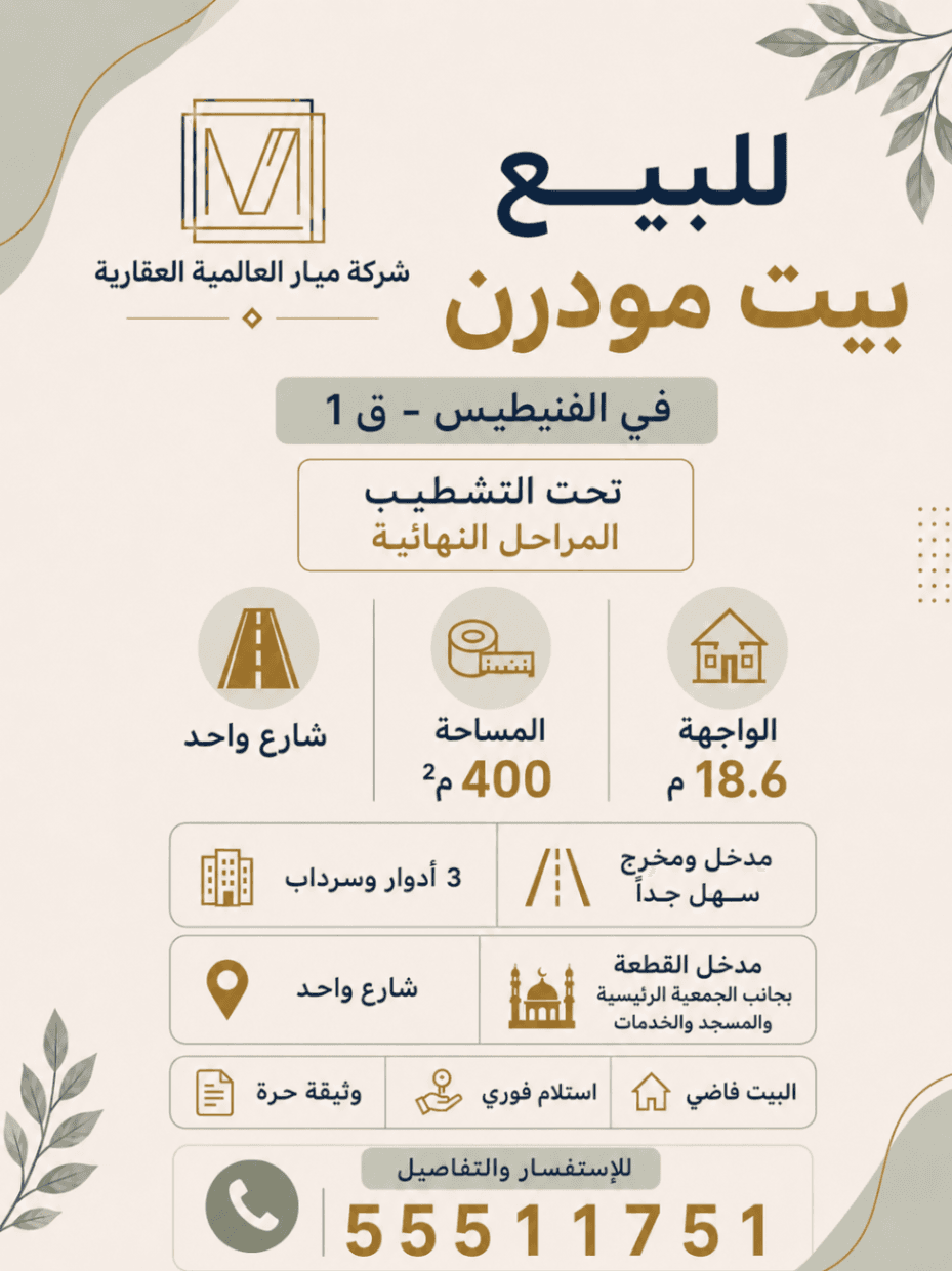 للبيع بيت مودرن الفنيطيس ق١
تحت التشطيب المراحل النهائية
٤٠٠م شارع واحد
واجهه ١٨.٦