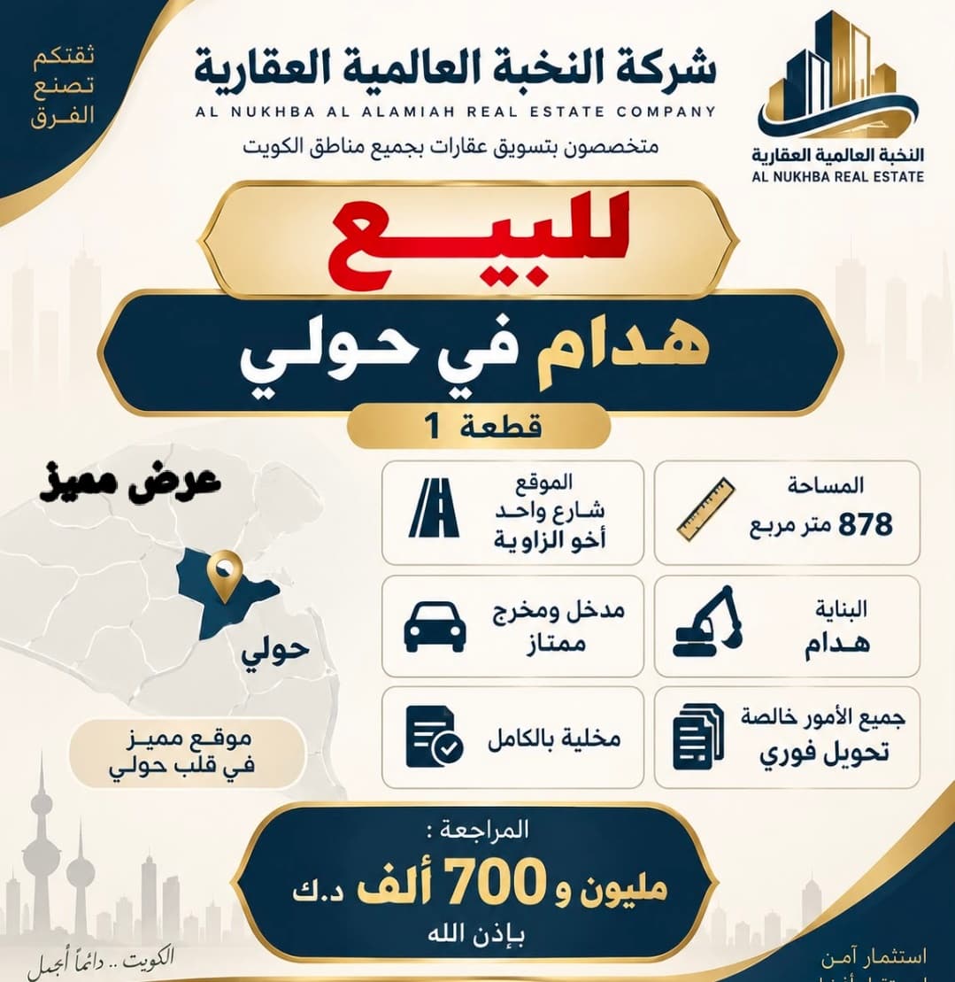 للبيع عمارة هدام في حولي قطعه 1 فاضي بالكامل المساحه 878 متر الموقع شارع واحد اخو الزاويه السعر مليون 700 الف للاستفسار واتساب 96725110