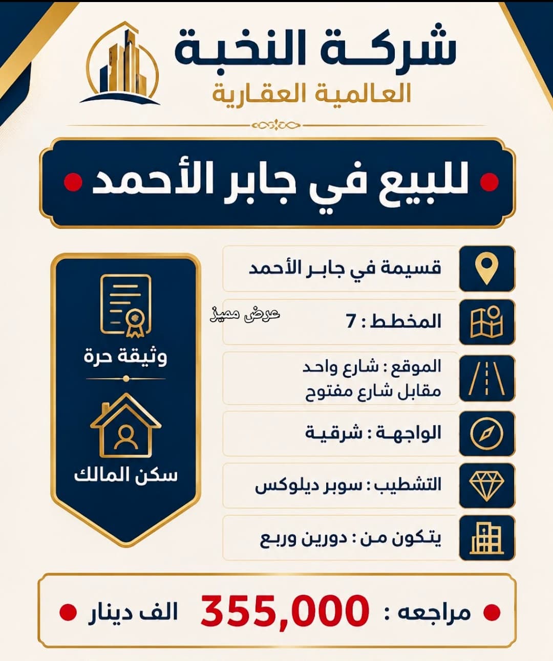 للبيع فيلا في جابر الاحمد المساحه 400 متر وثيقه حره الموقع شارع واحد مقابل شارع مفتوح الوجهة شرقيه تشطيب سوبر ديلوكس المواصفات دورين وربع سكن المالك السعر مراجعه 355 الف للاستفسار واتساب 96725110