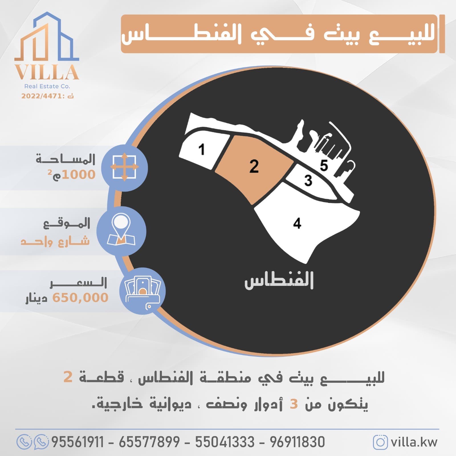 للبيع بيت في منطقة #الفنطاس ، قطعة 2 ، المساحة 1000م ، الموقع شارع واحد ، يتكون من 3 أدوار ونصف ، ديوانية خارجية. 

السعر 650,000 د.ك

للاستفسار: 
نقال1: 93330230
نقال2: 65577899
نقال3: 55041333
نقال4: 96911830