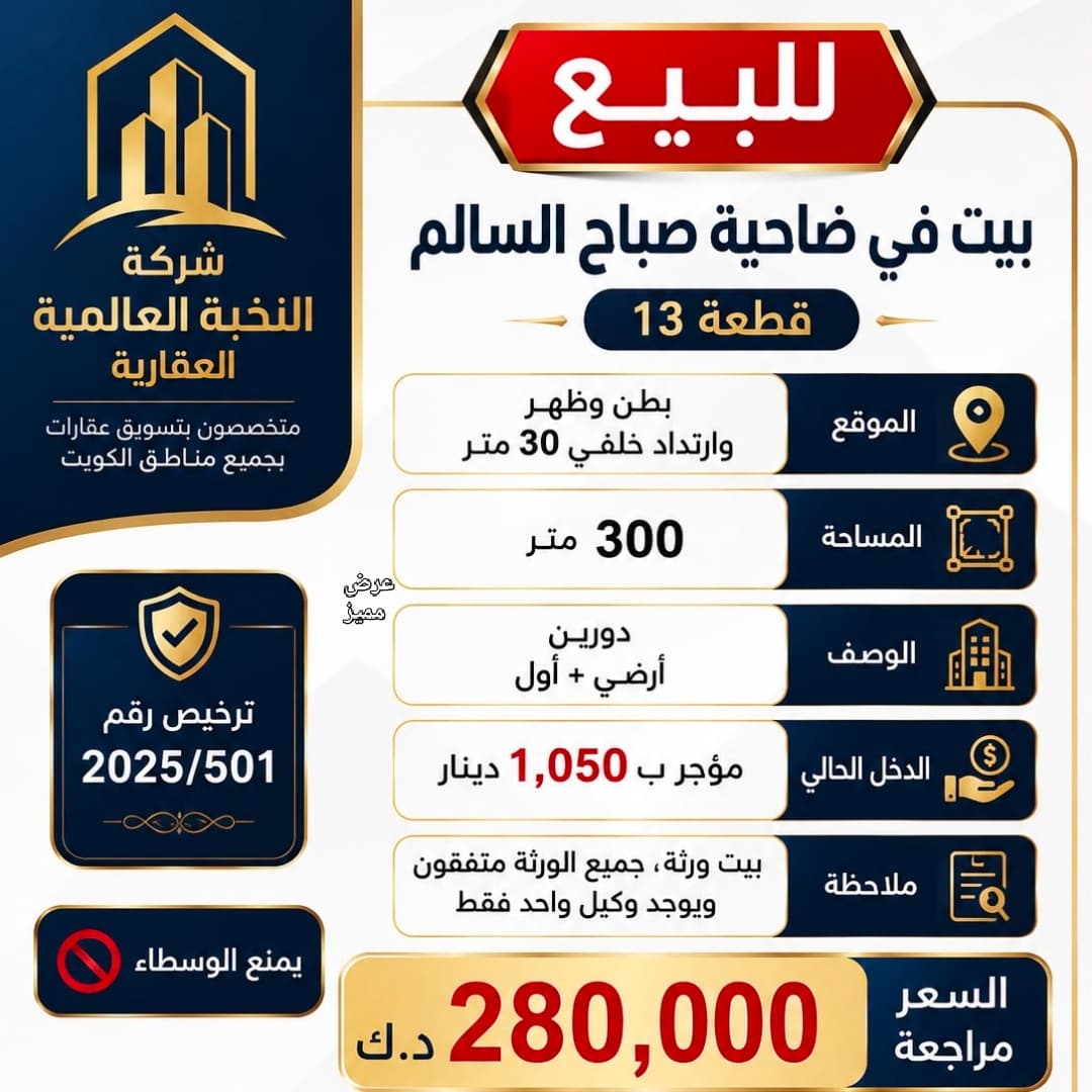 للبيع بيت حكومي في صباح السالم المساحه 300 متر الموقع بطن وظهر وارتدد خلفي يتكون من دورين ارضي واول مؤجر 1050 دينار السعر مراجعه 280 الف للتواصل واتساب 96725110