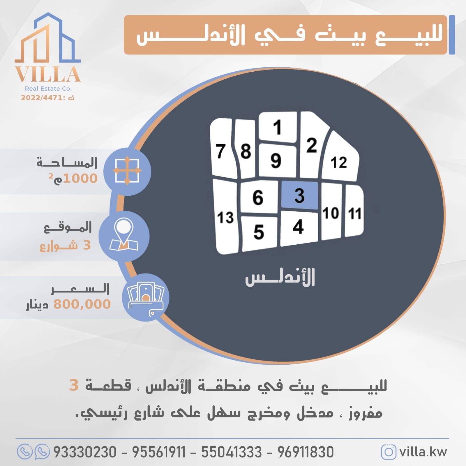 للبيع بيت في منطقة #الأندلس ، قطعة 3 ، المساحة 1000م ، الموقع 3 شوارع ، مفروز ، مدخل ومخرج سهل على شارع رئيسي. 

السعر 800,000 د.ك

للاستفسار: 
نقال1: 93330230
نقال2: 95561911
نقال3: 55041333
نقال4: 96911830