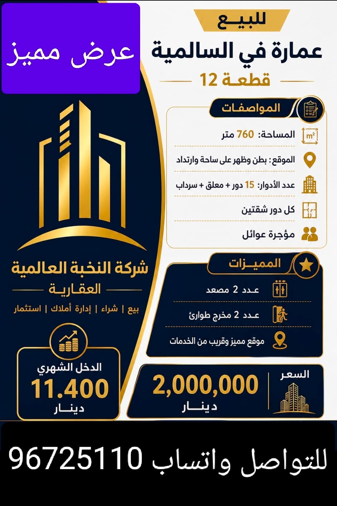 عرض مميز للبيع عمارة في السالميه قطعه 12 قريب من الخدمات  مدخل ومخرج سهل المواصفات المساحه 760 متر الموقع بطن وظهر علي ساحه وارتداد عدد الادوار 15 دور ومعلق وسرداب كل دور شقتين مؤجره عائلات الدخل الشهري 11.400 دينار المميزات عدد 2 مصعد عدد 2 مخرج طوارئ السعر 2 مليون  دينار للتواصل واتساب 96725110