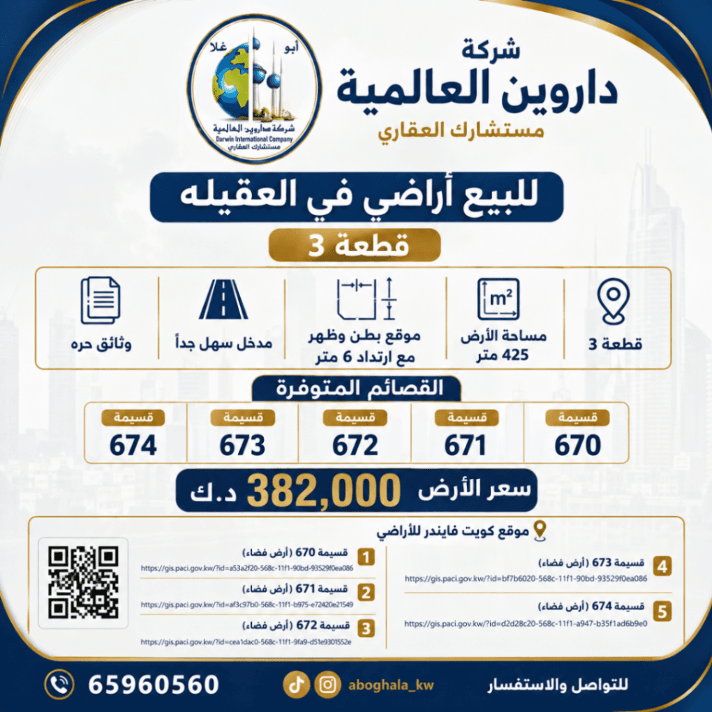 📍 للبيع أراضٍ مميزة في العقيلة – قطعة 3 🏡
فرصة نادرة للتملك في أحد أفضل مواقع العقيلة، مناسبة للسكن أو الاستثمار، بموقع مطلوب ومدخل سهل جدًا.
🔹 المساحة: 425م²
🔹 الموقع: بطن وظهر مع ارتداد 6 متر
🔹 وثائق حرة
🔹 مدخل سهل جدًا
🔹 القسائم المتوفرة: 670 – 671 – 672 – 673 – 674
💰 السعر: 382,000 د.ك فقط لكل أرض
📍 مواقع الأراضي عبر كويت فايندر متوفرة.
📞 للتواصل والاستفسار:
65960560
شركة داروين العالمية للاستشارات العقارية
نحو استثمار آمن... وخدمة تثق بها. 🏡✨