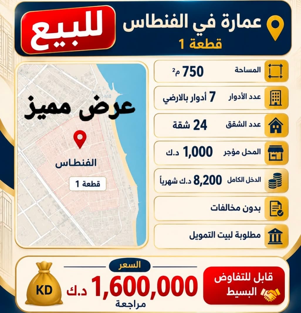 للبيع عمارة في الفنطاس قطعه 1 مدخل ومخرج سهل المساحه 750 متر الموقع شارع واحد تتكون من 7 ادوار ومحل عدد الشقق 24 شقه بدون مخالفات مطلوب لبيت التمويل السعر مراجعه مليون 600 الف قابل للتفاوض البسيط للاستفسار واتساب 96725110