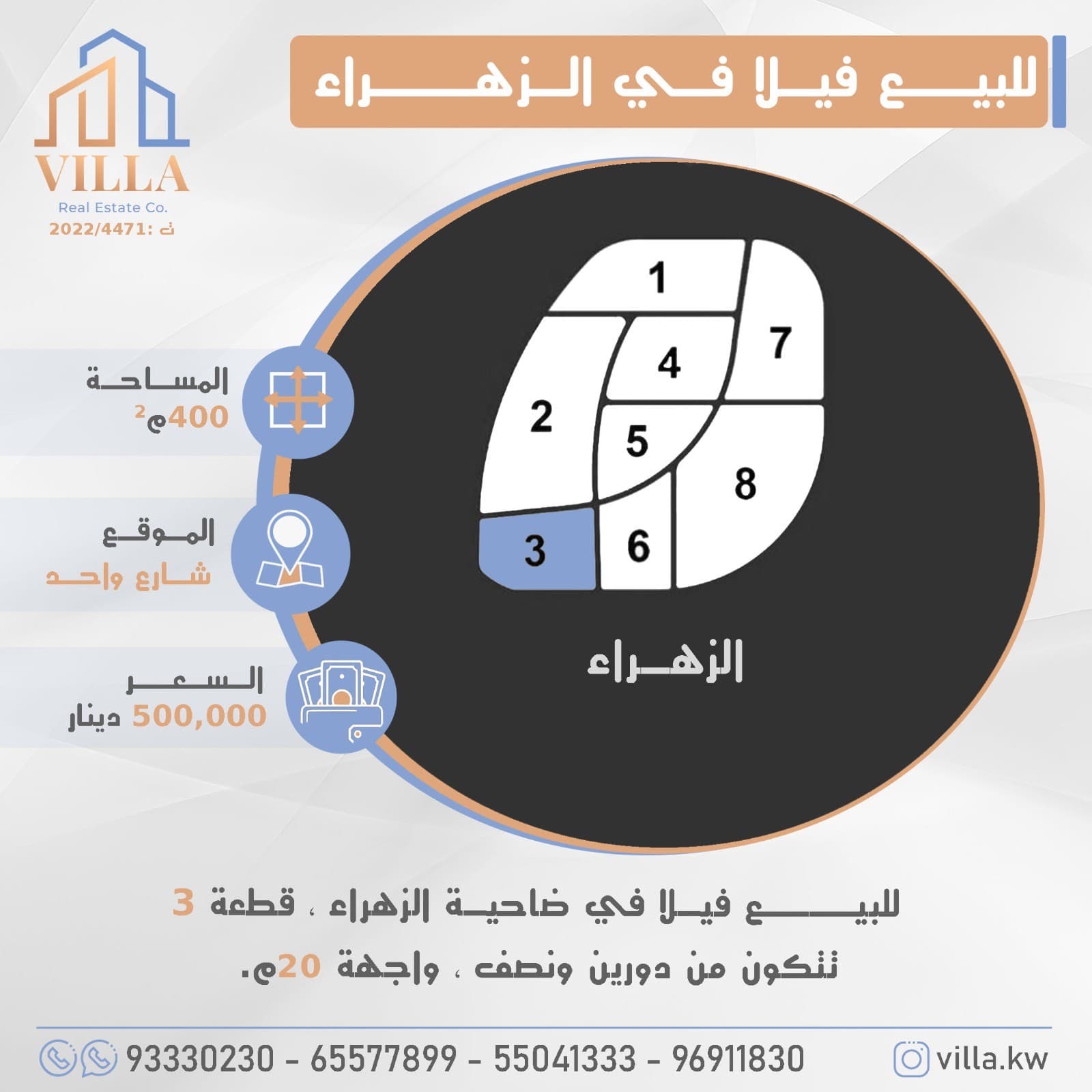 للبيع فيلا في ضاحية #الزهراء ، قطعة 3 ، المساحة 400م ، الموقع شارع واحد ، تتكون من دورين ونصف ، واجهة 20م. 

السعر 500,000 د.ك

للاستفسار: 
نقال1: 93330230
نقال2: 65577899
نقال3: 55041333
نقال4: 96911830